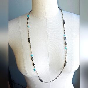 Cowgirl Turquoise Beads with Feathers and Arrows Long Necklace